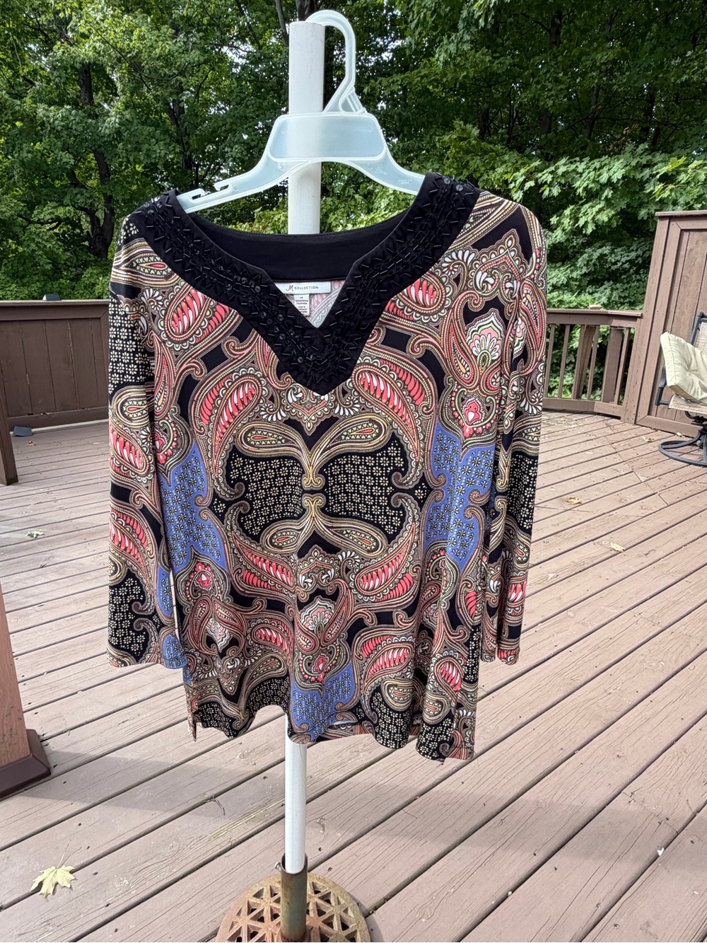 JM Collection Black Paisley V-Neck Long Sleeve Top with Red and Blue Accents